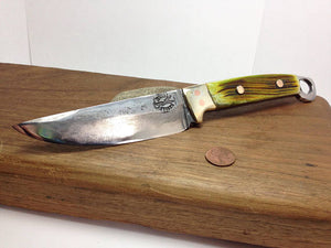 hand forged green bone handle Japanese steel knife by Metals Artisan Laevi Susman