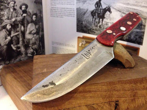 hand forged high carbon steel carry knife with red bone handle by Metals Artisan Laevi Susman