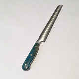 VG-10 serrated steel challah knife with custom inlay handle