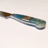 VG-10 serrated steel challah knife with custom inlay handle