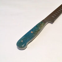 VG-10 serrated steel challah knife with custom inlay handle