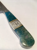 VG-10 serrated steel challah knife with custom inlay handle