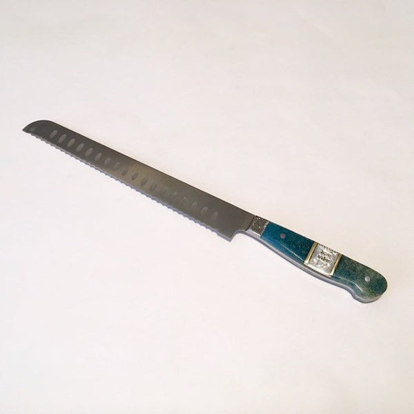 VG-10 serrated steel challah knife with custom inlay handle