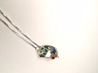 Gold, Silver, and Tourmaline Handmade Pendant on 18" Sterling Silver Necklace, One of a Kind Pendant Gift, Pink and Teal