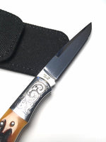 Hand Engraving on Fine Gentleman's Pocket Knife in Black Sheath